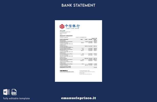 modello Excel di estratto conto bancario China Citic Bank Corp in stile verifica